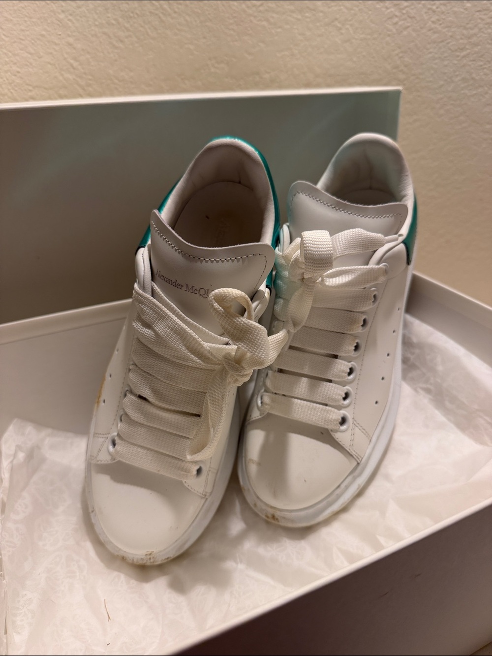 Alexander McQueen White Sneakers with Teal Heel Tab